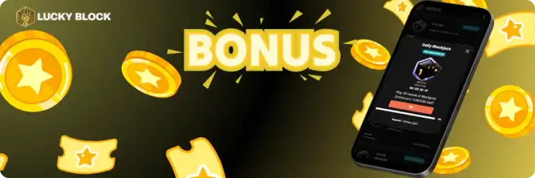 Bonus offer with coins and mobile app on screen.  Lucky Block Casino Online